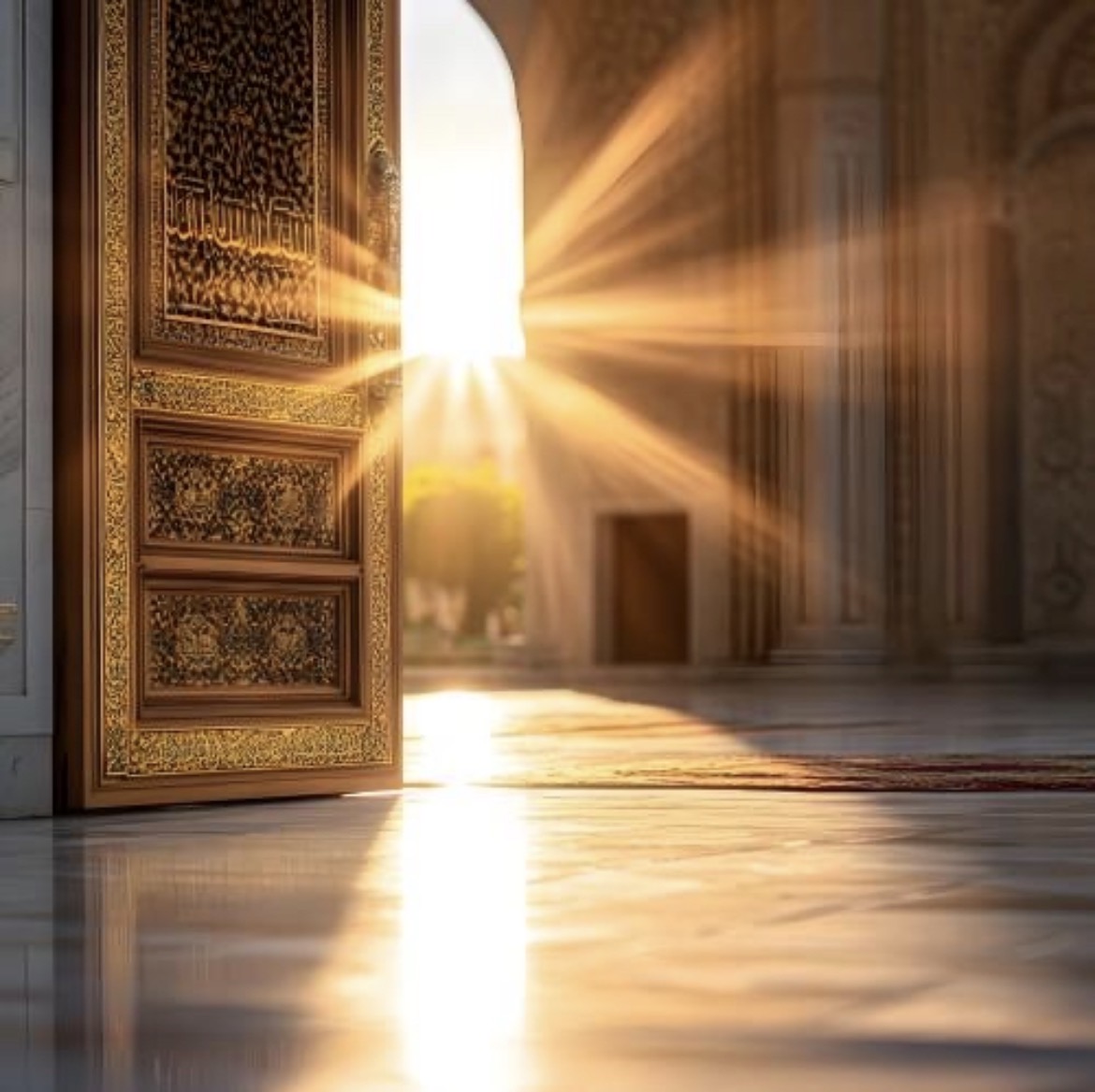 Sunlight streaming through an opening carved wooden mosque door