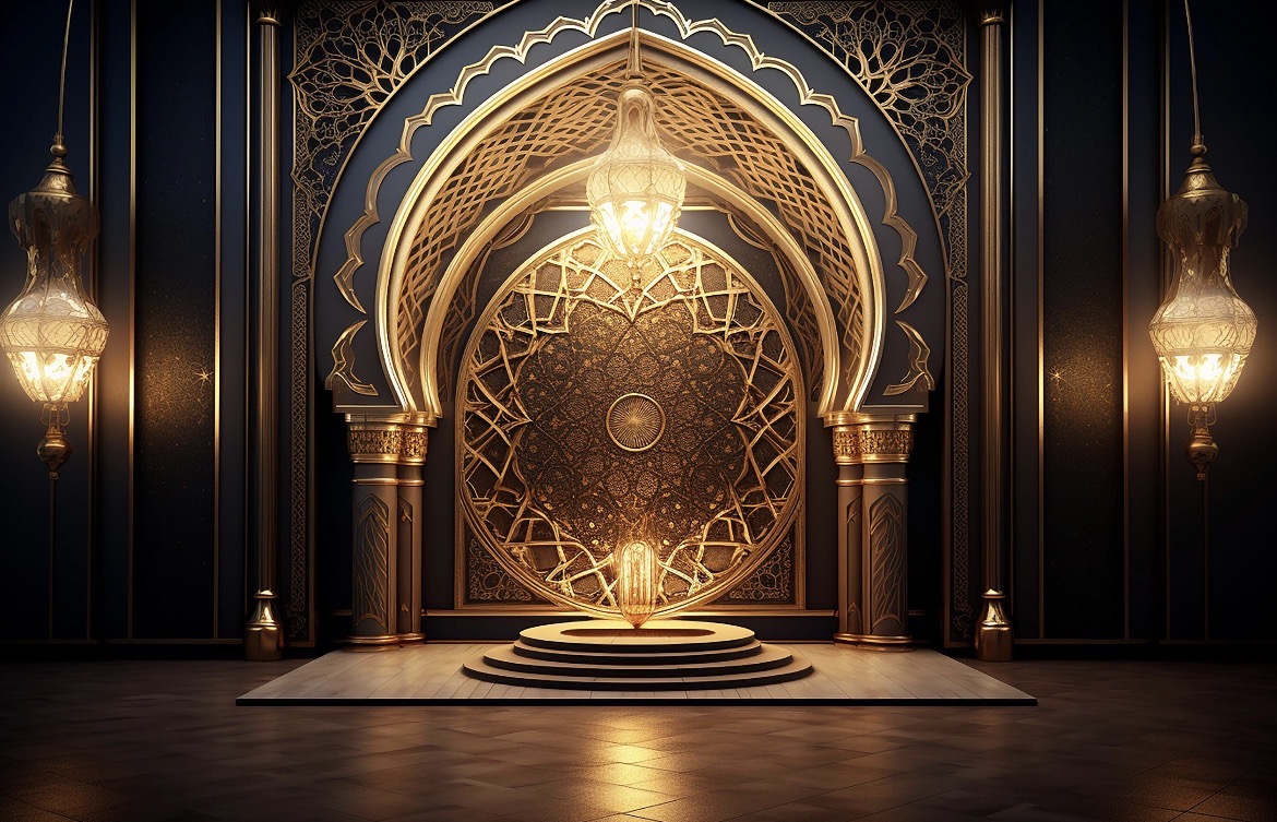 Golden arched alcove flanked by glowing lanterns at night